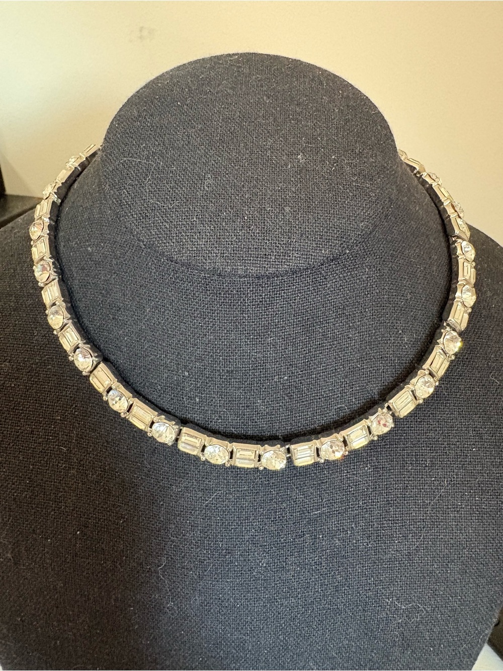 Trifari necklace silver tone clear colorless rhinestone tennis style 13-15” NICE